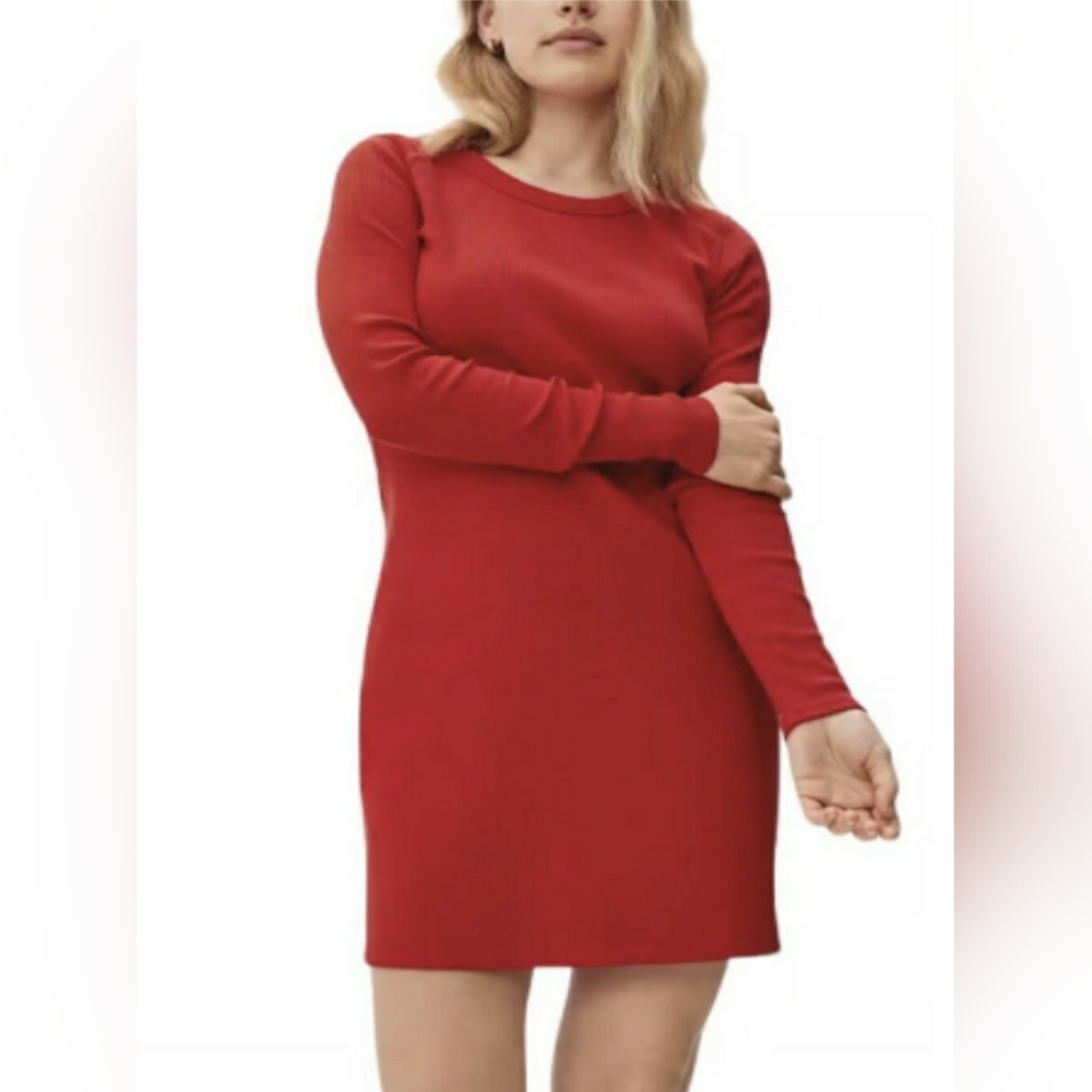 Everlane The Ribbed Red Long Sleeve Cotton Mini Dress Size Small